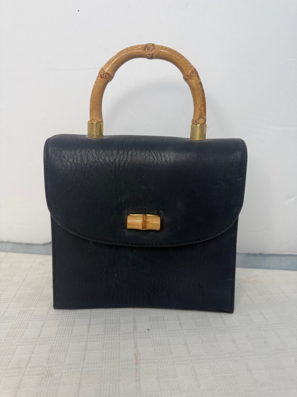 Lord & Taylor Classic Black Leather Top-Handle Bag with Bamboo Accents